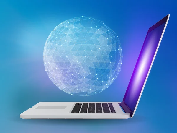 Laptop with network globe on blue background