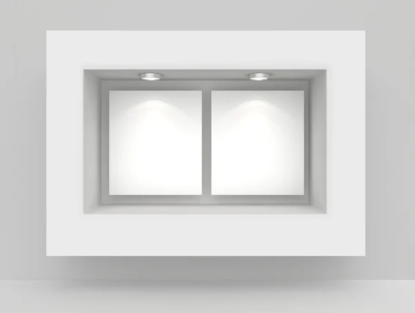 Exhibit Showcases with blank paper poster and light bulbs