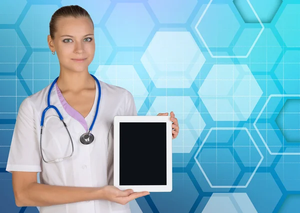 Woman doctor showing tablet with blank black screen