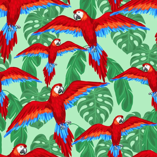 Tropical birds seamless pattern with parrots and palm leaves