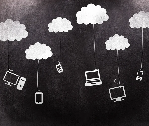 Media devices hanging from clouds