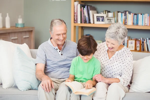 Grandparents assisting grandson reading book
