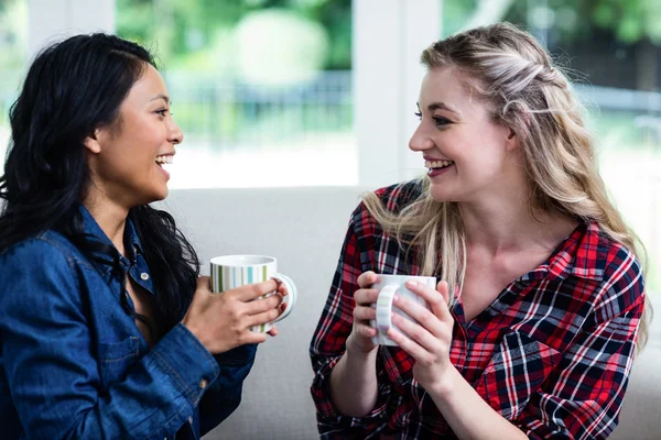 Female friends drinking coffee at home