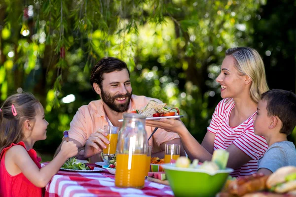 Mother offering salad while family sitting