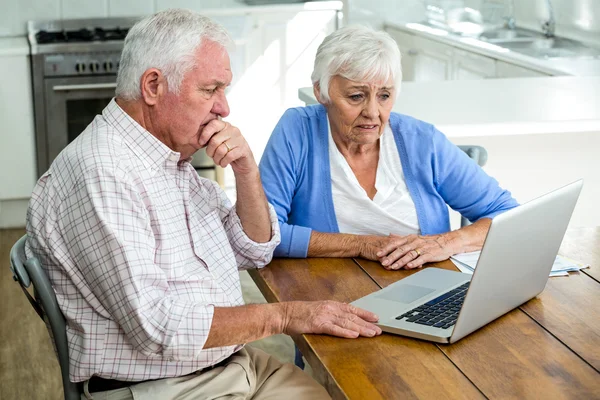 Serious senior couple using laptop