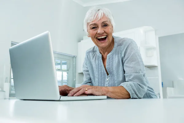 Cheerful senior woman with laptop