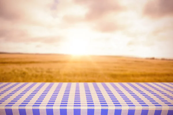 Blue and white tablecloth against field