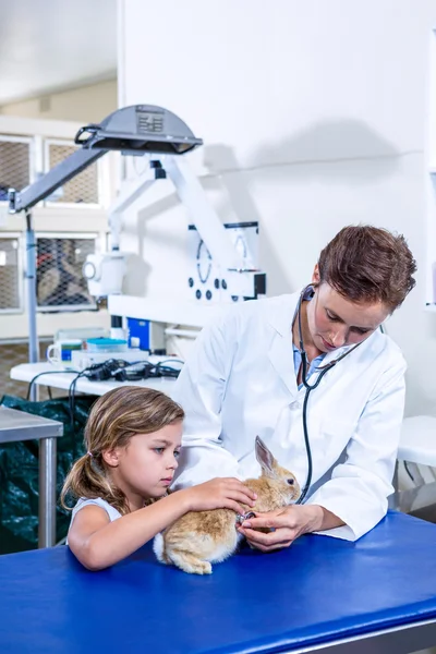 A vet and a children are taking care of a rabbit