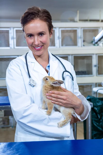 A smiling vet holding a cute rabbit is looking at the camera