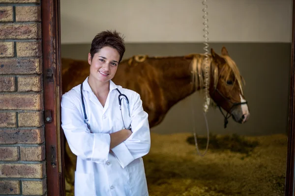 Portrait of smiling woman vet posing in front of a sick horse