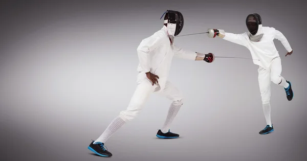 Men in fencing suits practicing with swords