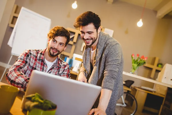 Graphic designer using laptop with his coworker