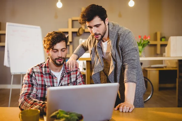 Graphic designer using laptop with his coworker