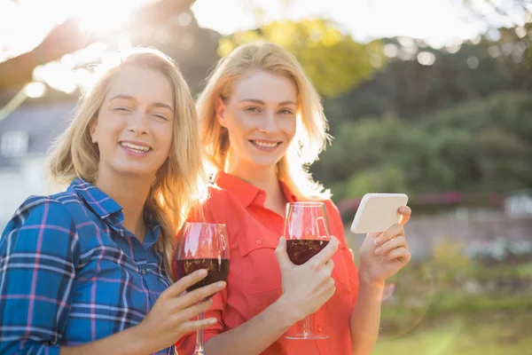 Beautiful women holding glasses of red wine and mobile phone