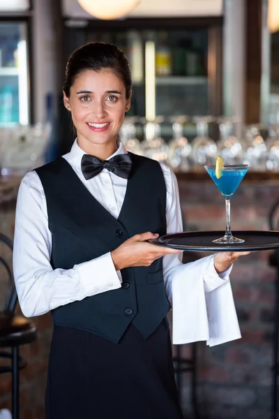 Portrait of bartender holding serving tray