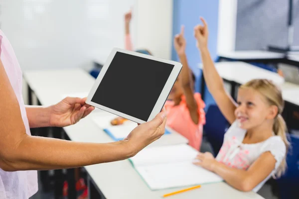 Close up view of tablet pc holding by a teacher