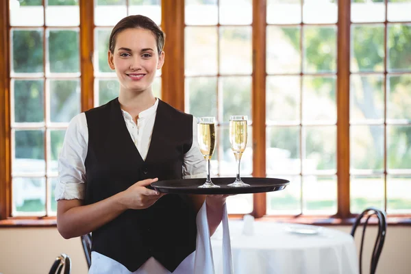 Portrait of waitress holding serving tray