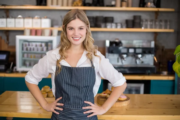 Portrait of smiling waitress standing with hands on hip