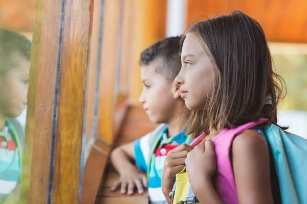 School kids looking through window