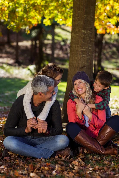 Family sitting under tree at park