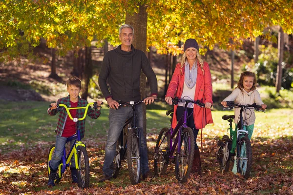 Family riding bicycles at park