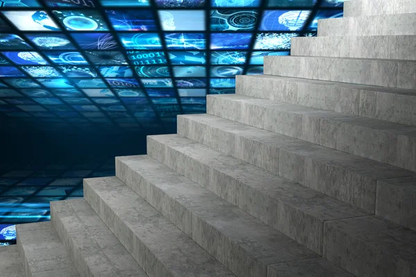 Steps against walls of digital screens