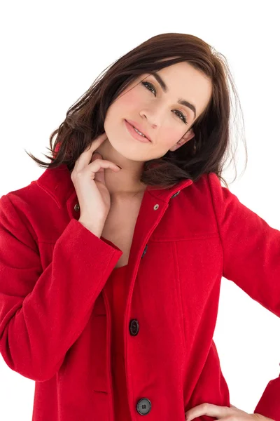 Portrait of a cheerful brunette in red coat