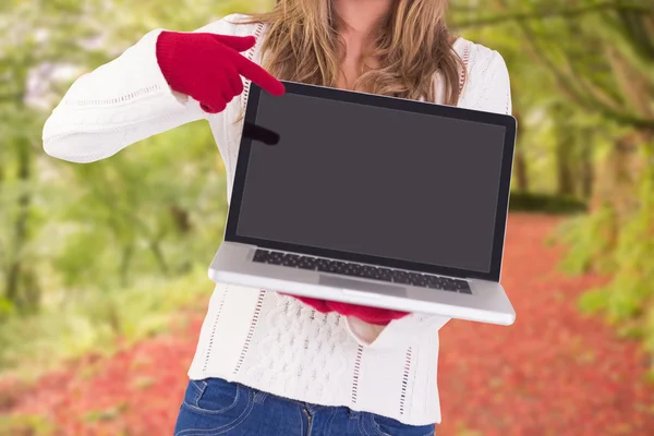 Festive blonde pointing to laptop