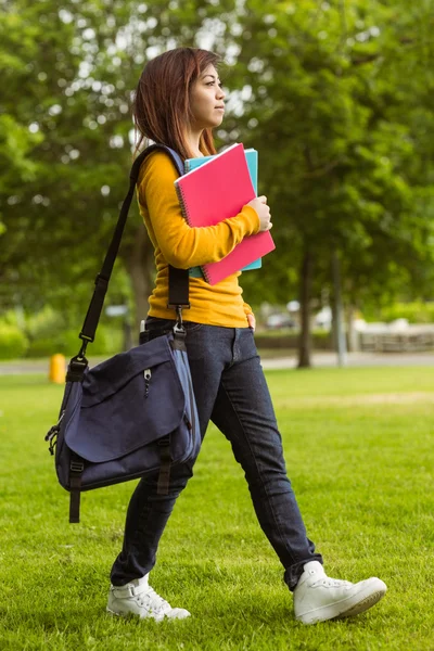 Student with books walking in park
