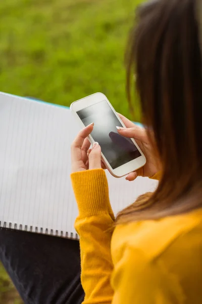 Female student text messaging in park