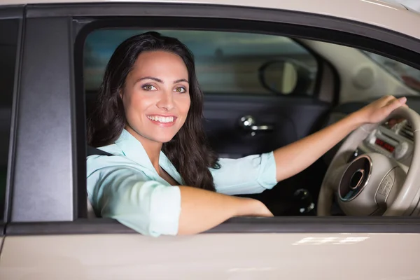 Smiling woman sitting at the wheel of her new car