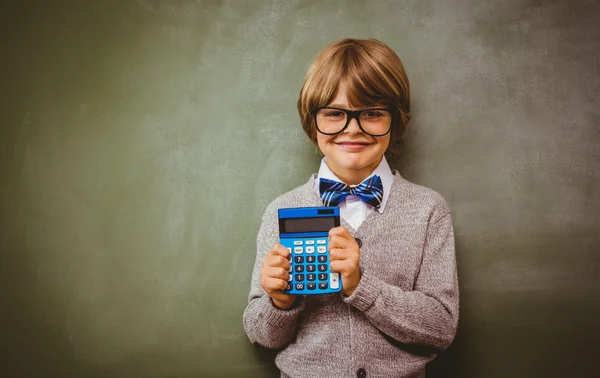 Portrait of cute little boy holding calculator