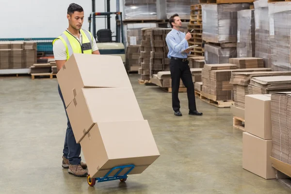 Warehouse worker moving boxes on trolley