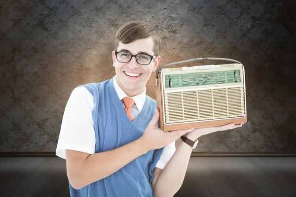 Geeky hipster listening to retro radio