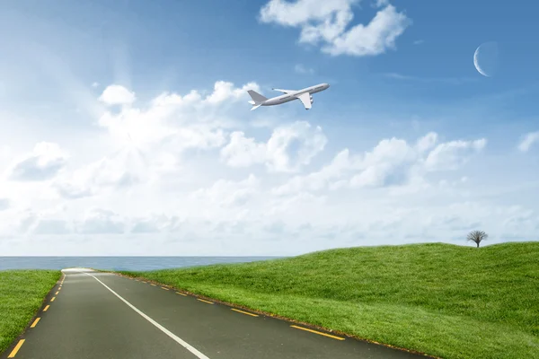 Airplane against road leading out to horizon