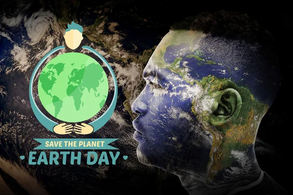 Earth day graphic against earth overlay on face