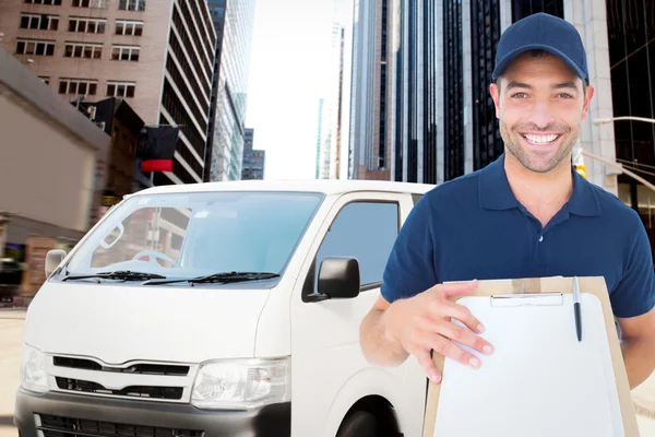 Happy delivery man with package and clipboard