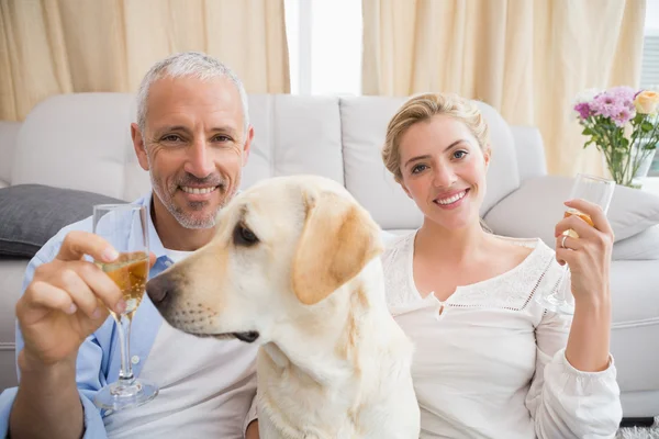 Couple with pet dog drinking champagne