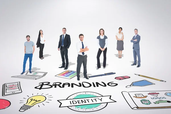 Business team against branding doodle