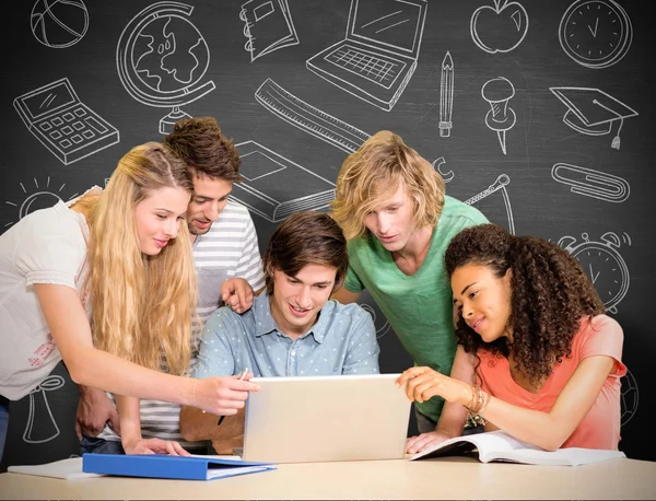 Composite image of college students using laptop in library