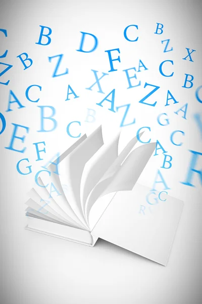 Book and  letters against white background