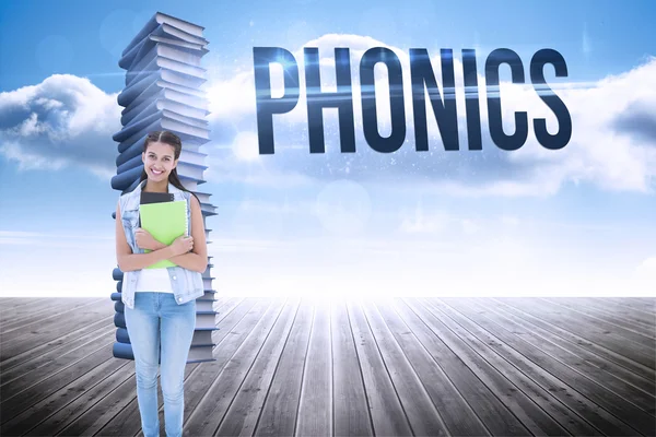 Word phonics and student holding notepads