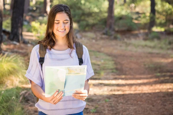 Pretty brunette hiker reading map