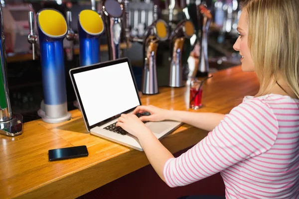 Woman working on laptop at bar counter