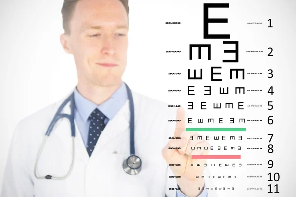 Doctor pressing touchscreen against eye test