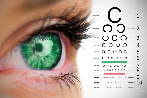 Green eye looking on female face against eye test