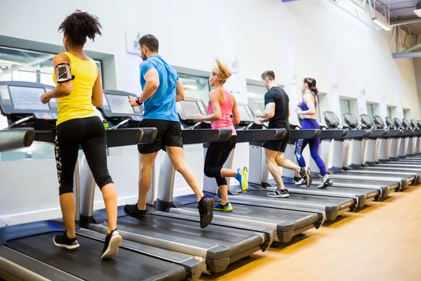 Fit people jogging on treadmills