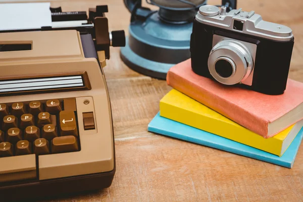 Close up view of old camera and writer