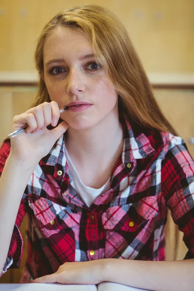 Thoughtful student biting pen
