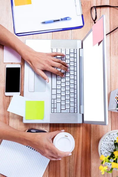 Overhead of feminine hands using laptop